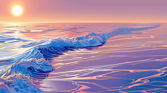 创意彩色夕阳海浪大海美丽的落日海水插画3