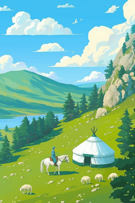 创意夏天风景羊群插画海报手绘
