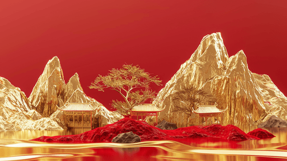 创意红色红金国潮场景金色壁画山景树木的背景图