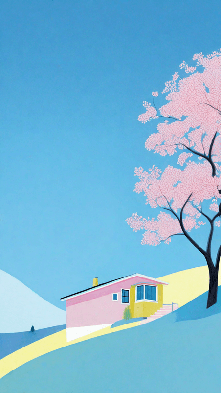 创意文艺清新蓝粉色夏日山坡上的房子设计