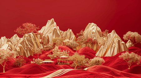红金国潮红色场景金色壁画山景树木的背景图