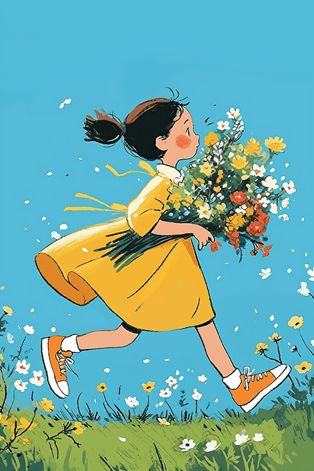 创意可爱女孩奔跑手绘鲜花插画海报
