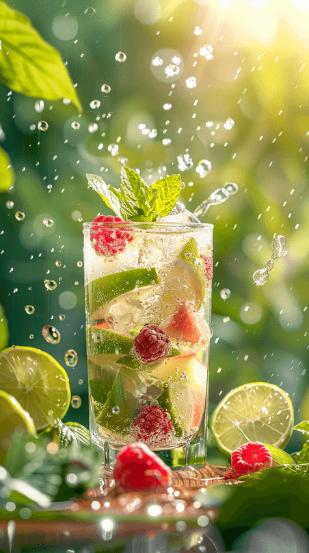 创意夏天清凉夏日冰饮一杯冰块树莓薄荷柠檬茶素材