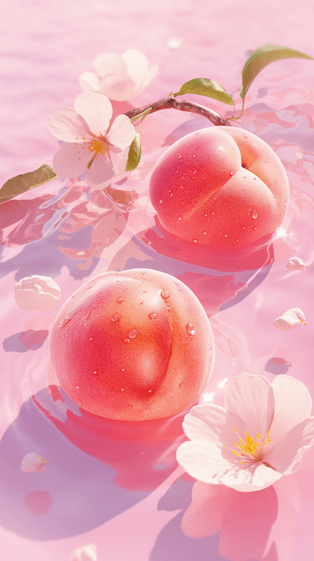 创意夏天水果冰块粉色水蜜桃背景