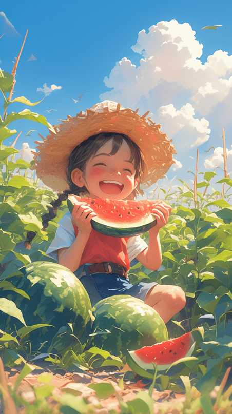 夏季水果卡通儿童快乐童年夏天小清新吃西瓜手绘插画