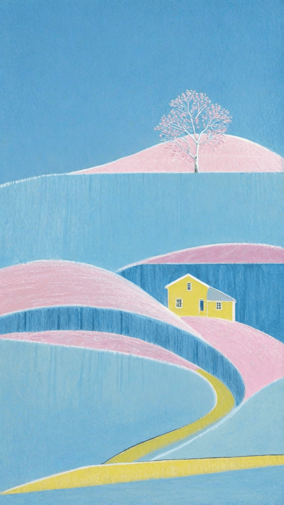 创意文艺清新蓝粉色夏日山坡上的房子背景图