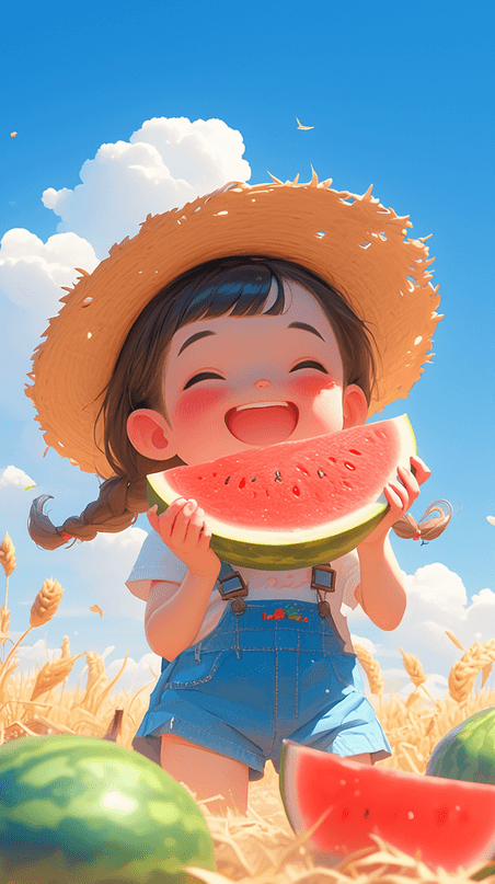 创意夏天小清新吃西瓜手绘夏季水果卡通儿童快乐童年插画