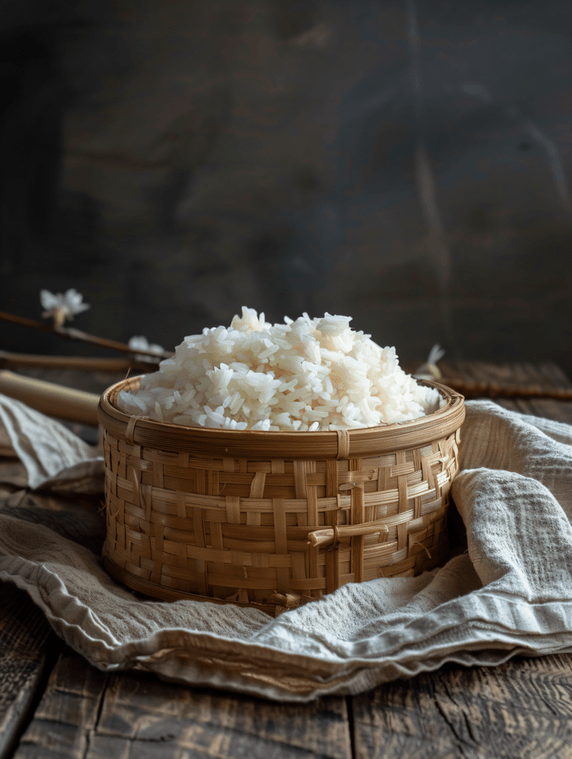 创意深色木质背景下竹篮里米饭农产品农作物食品