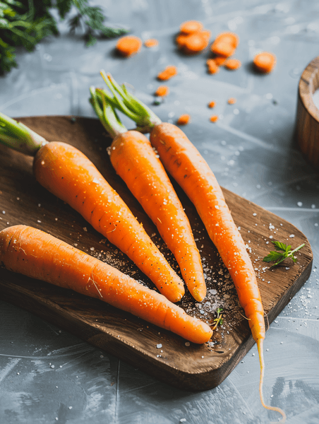 创意砧板上的新鲜长胡萝卜生鲜蔬菜农产品摄影