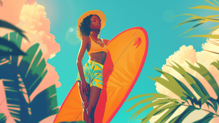 夏天夏季创意拿着冲浪板的女性运动体育插画14