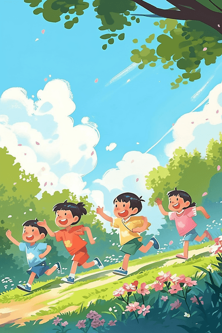 夏天可爱孩子儿童节奔跑童年快乐插画