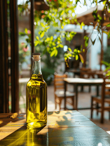 创意咖啡桌上的一瓶橄榄油文艺清新
