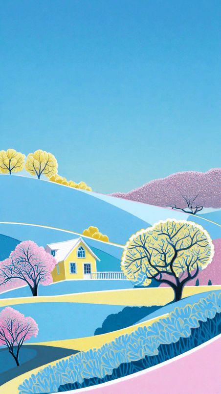 创意文艺清新蓝粉色夏日山坡上的房子图片