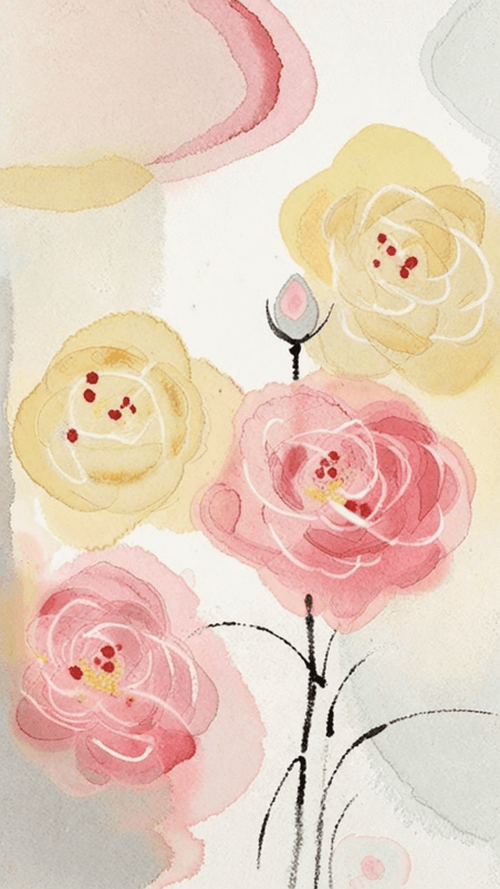 创意轻柔黄玫瑰清新淡雅清透水彩晕染黄粉玫瑰背景