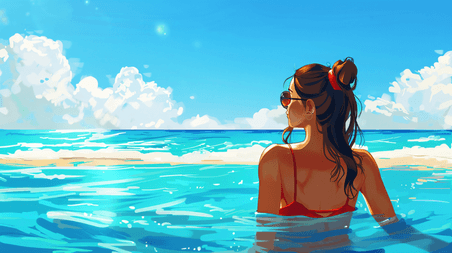 创意夏天夏季游泳旅游度假海边游泳的女性插画2