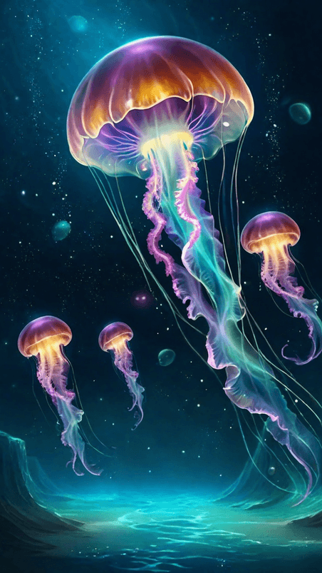 创意海底世界炫彩透明发光的水母背景