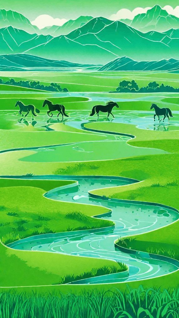 草原马匹自然新疆阿勒泰旅游夏天牧场牧马风景插画
