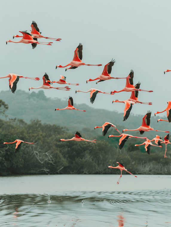 古巴罗卡湖上空飞翔的粉红色火烈鸟群野生动物