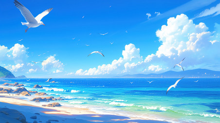 创意夏日岸边飞翔的海鸥夏天大海沙滩旅游度假手绘插画