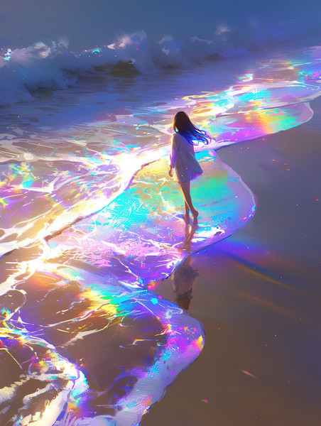 创意女孩走在沙滩梦幻大海海洋插画