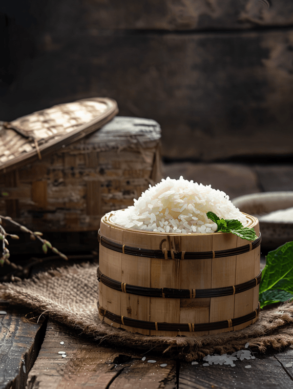 创意深色木质背景下竹篮里米饭农产品农作物食品