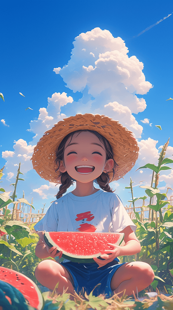 创意夏天夏季水果卡通儿童快乐童年小清新吃西瓜手绘插画