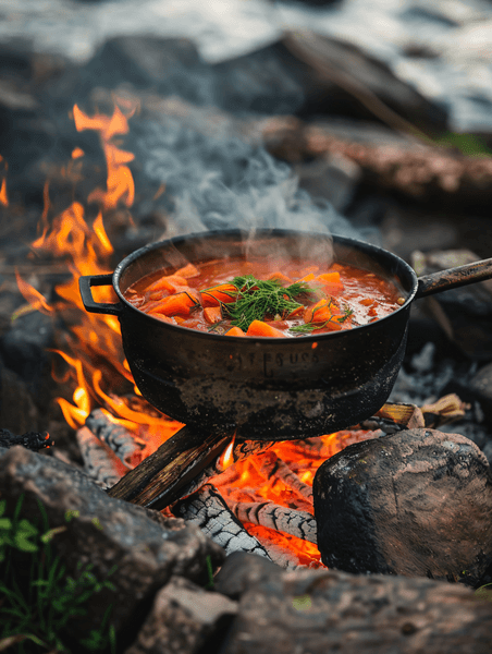 创意在户外篝火上用大碗烹制的美味红鲑鱼新鲜汤露营餐饮食品