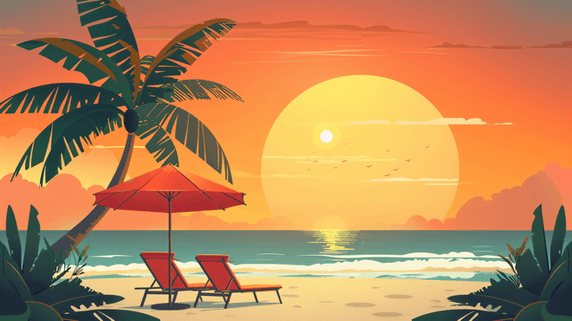 创意大海夕阳旅游海边沙滩遮阳伞夏天夏季躺椅16