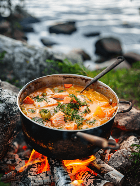 露营餐饮食品在户外篝火上用大碗烹制的美味红鲑鱼新鲜汤餐饮