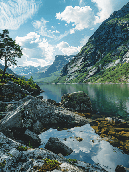 创意挪威斯堪的纳维亚半岛石山中部的美丽风景