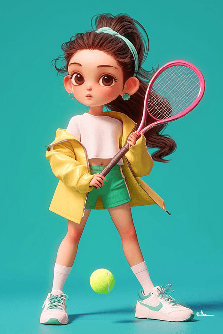 创意手绘运动女孩网球运动体育竞技插画海报