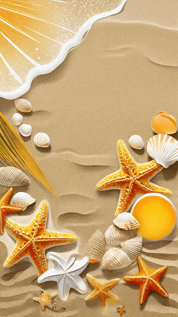 创意夏日沙滩纹理海星贝壳黄色背景