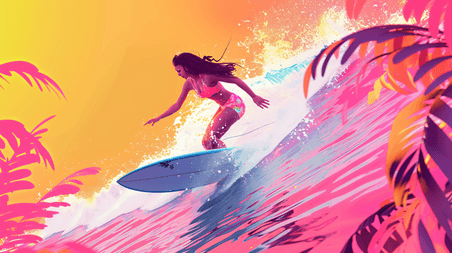创意正在冲浪的女性夏天夏季游泳插画2