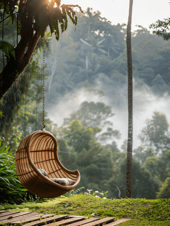 创意早晨雾蒙蒙的花园里的藤吊椅