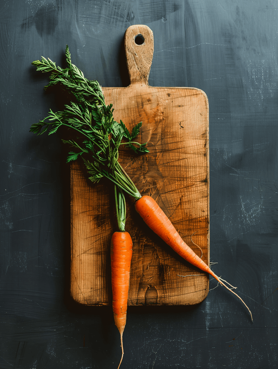 创意砧板上的新鲜长胡萝卜生鲜蔬菜农产品摄影