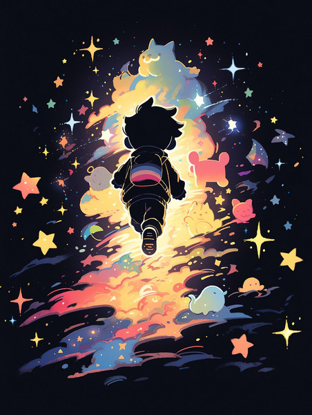 创意儿童节梦幻可爱的小男孩追逐星星奔跑追逐素材