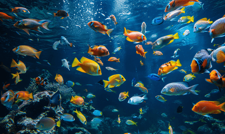 水族馆色彩缤纷的鱼在深蓝色的水中大海海洋海底生物