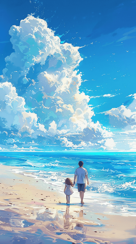 创意快乐父亲节在海边散步父女背影海洋大海沙滩背景