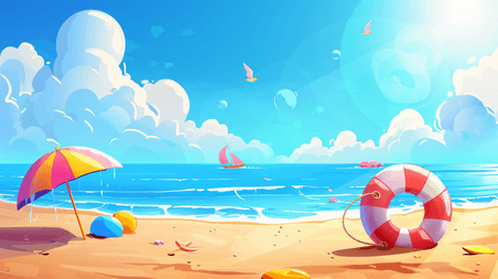 创意夏季卡通海边夏天大海沙滩旅游度假度假1