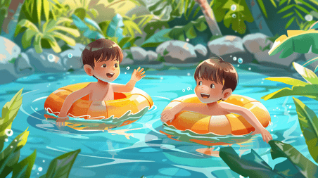 夏天夏季运动创意泳池中游泳的儿童插画13