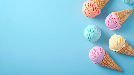 创意清新夏天冷饮圣代糖果色冰淇淋筒蓝色蛋筒背景图