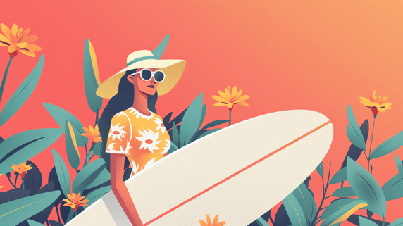 创意夏天夏季游泳拿着冲浪板的女性插画12