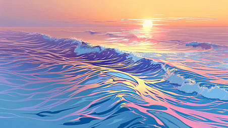 创意彩色夕阳海浪大海美丽的落日海水插画1