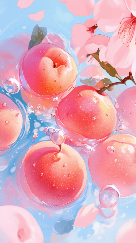 创意夏天清凉水果冰块粉色水蜜桃背景