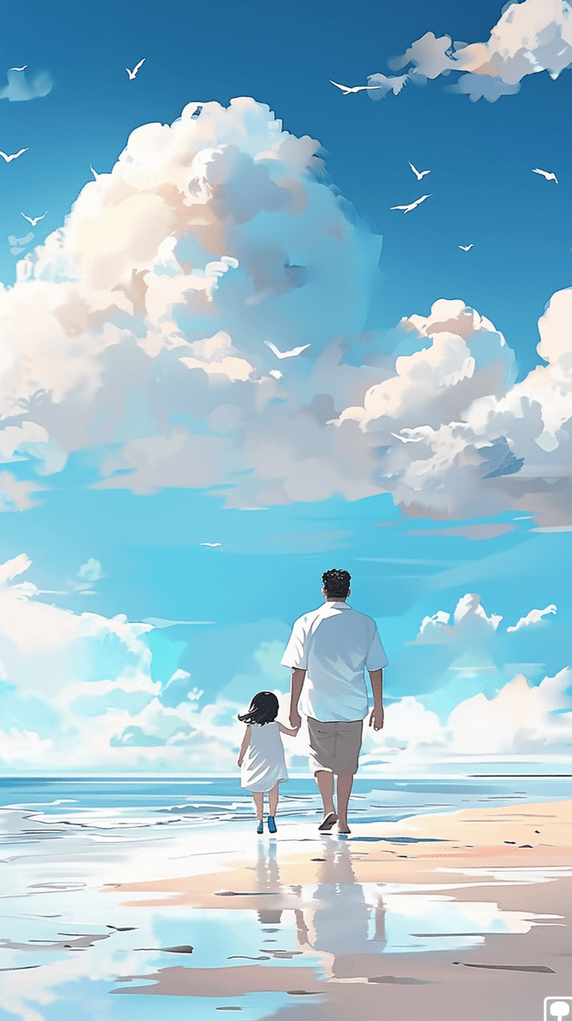 创意父亲节在海边散步父女海洋大海沙滩背景