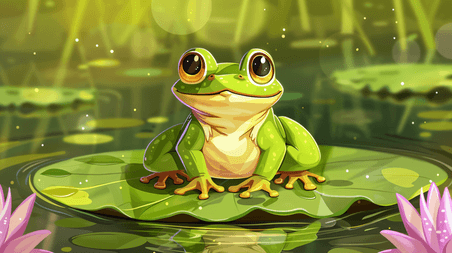 创意荷叶上的青蛙夏天夏季荷塘荷花插画13