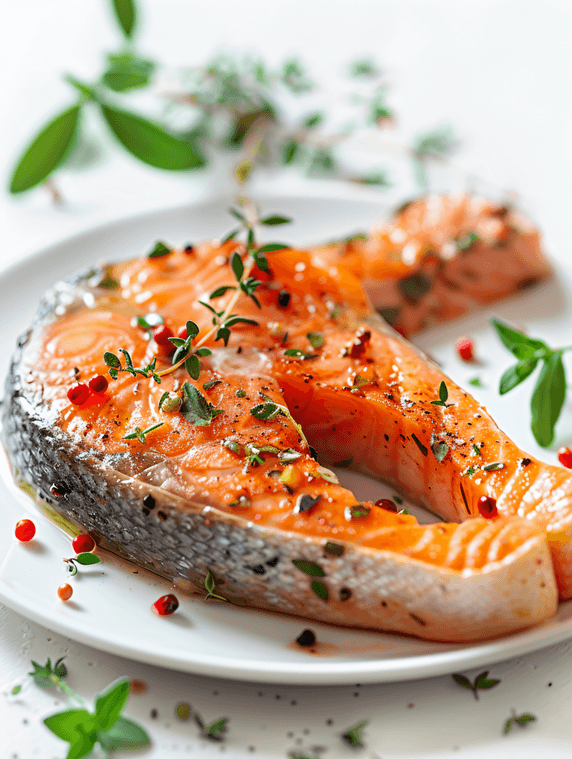 创意美味的烤鲑鱼红鱼排配香料和香草