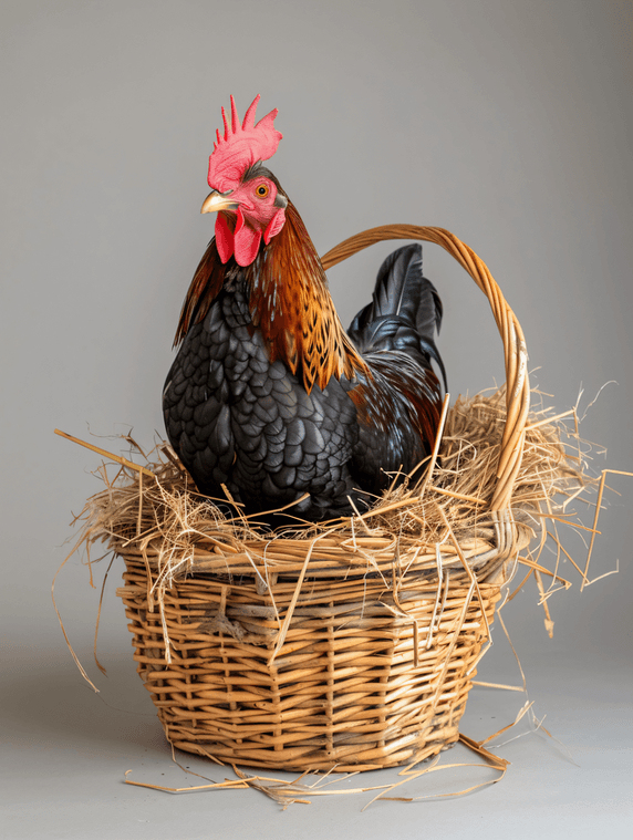 创意牲畜母鸡公鸡坐在柳条篮里里面装着干草