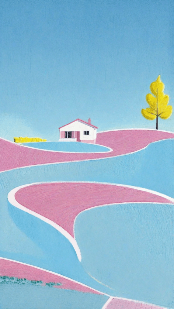 创意文艺清新蓝粉色夏日山坡上的房子背景素材