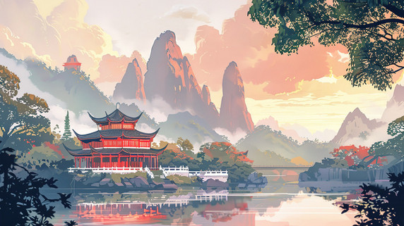 水墨国潮中国风山林湖泊边唯美的中国古建筑插画